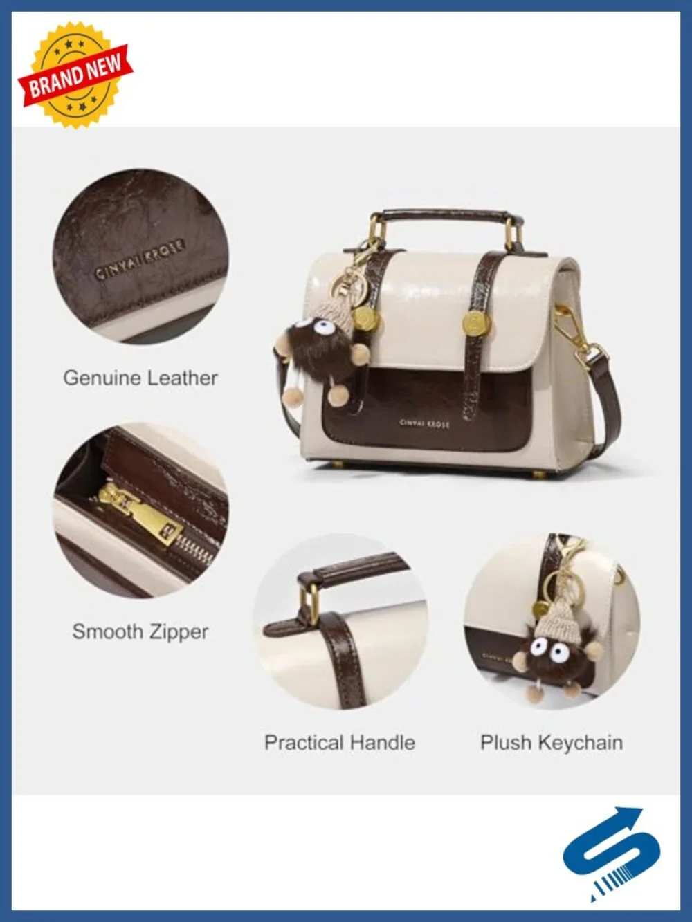 Small Leather Crossbody Bag Two-Tone Satchel with Plush Charm